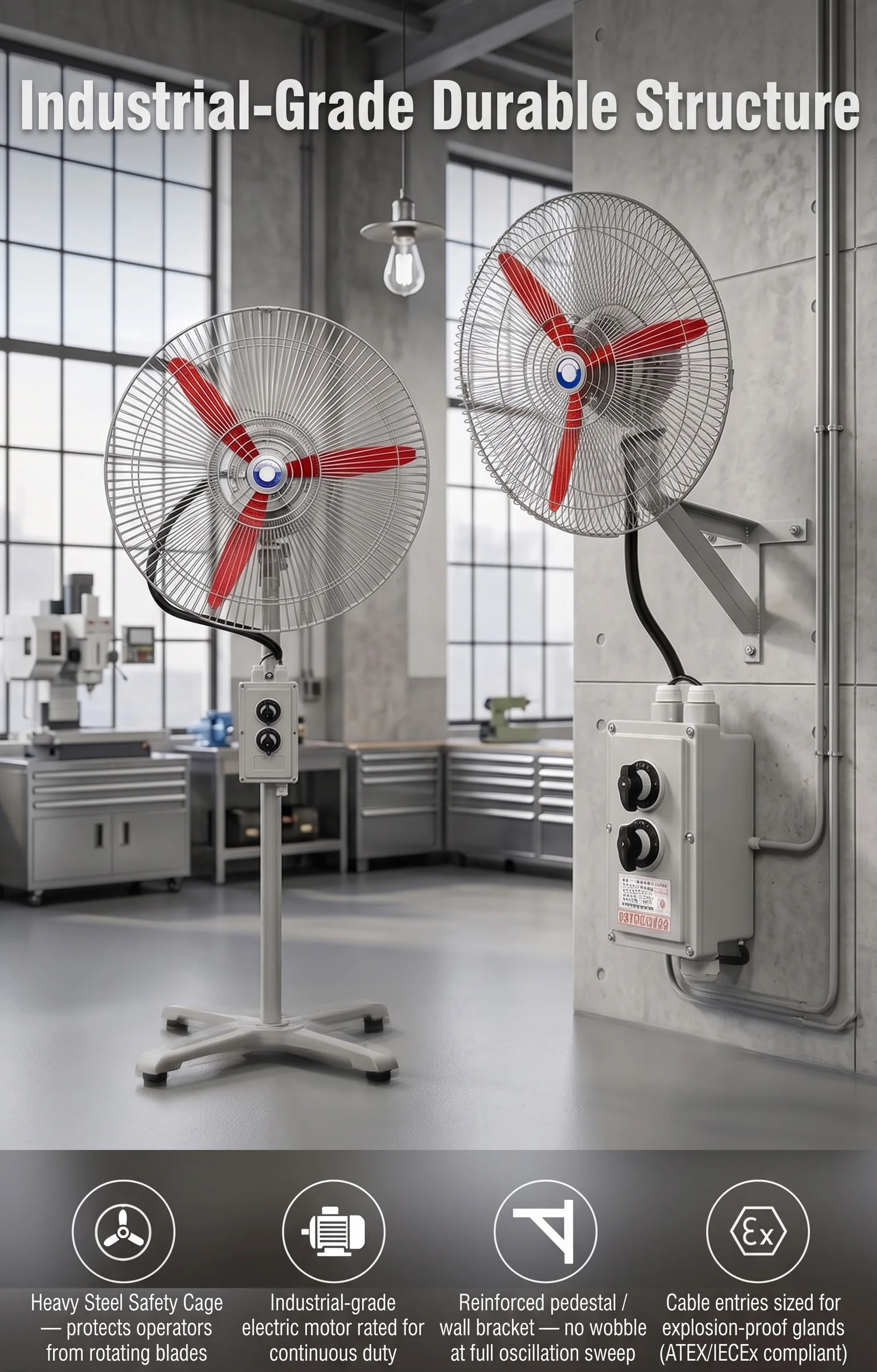 Industrial-grade metal safety cage, motor housing and reinforced stand of the LWEX-FS / LWEX-WFS explosion-proof oscillating fan