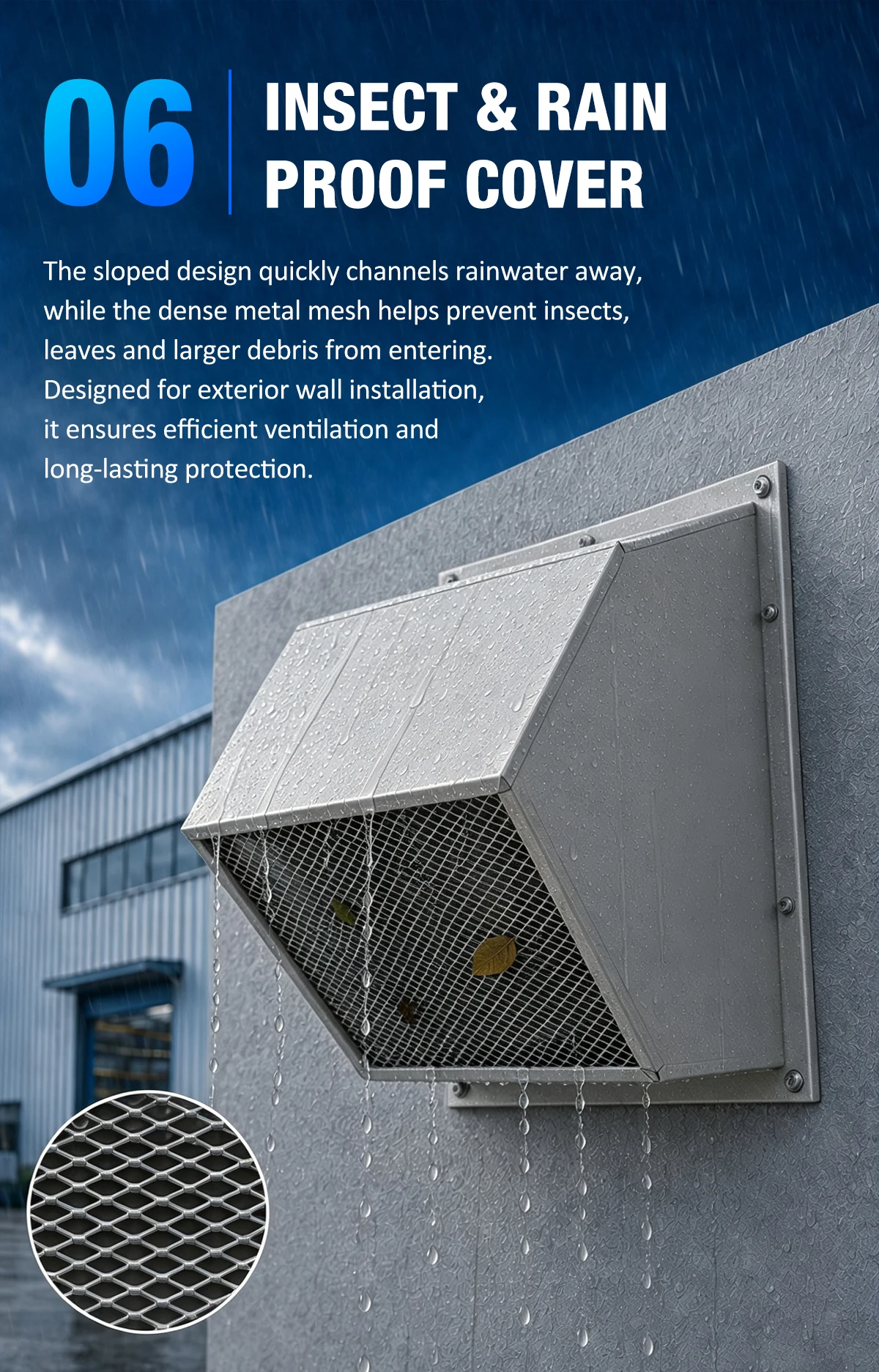 LWWEX-IR exterior cover channeling rainwater away and blocking debris with metal mesh