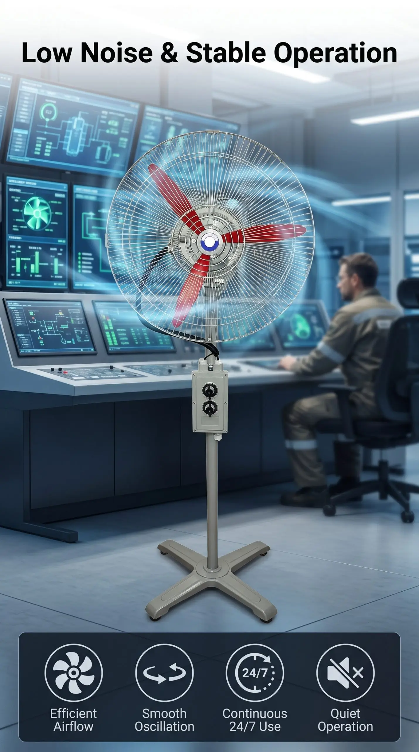 LWEX-FS / LWEX-WFS explosion-proof oscillating fan engineered for low-noise, stable operation across long industrial shifts