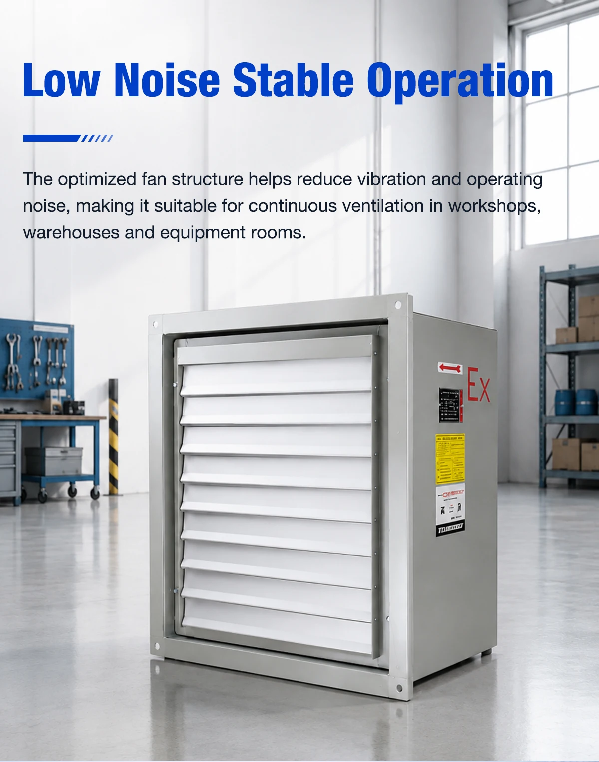 LWWAF square wall axial fan installed in a quiet equipment room, with nameplate showing airflow capacity and Ex-disclaimer label