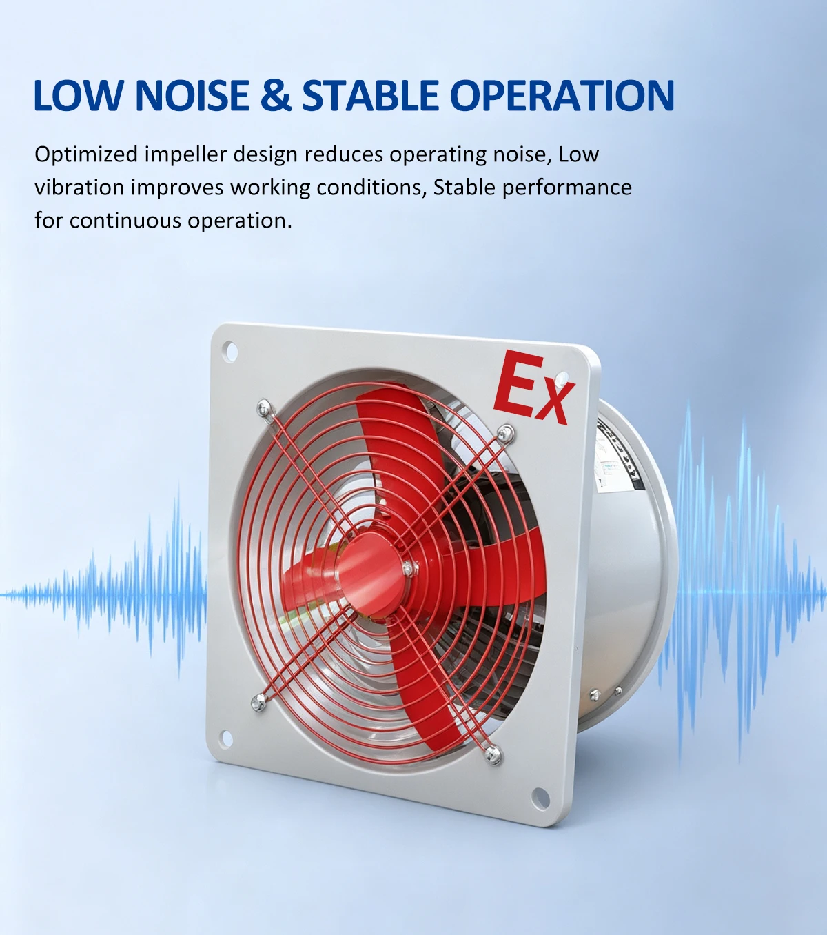 EX-WF explosion-proof exhaust fan — low-noise operation with sound wave graphic overlay