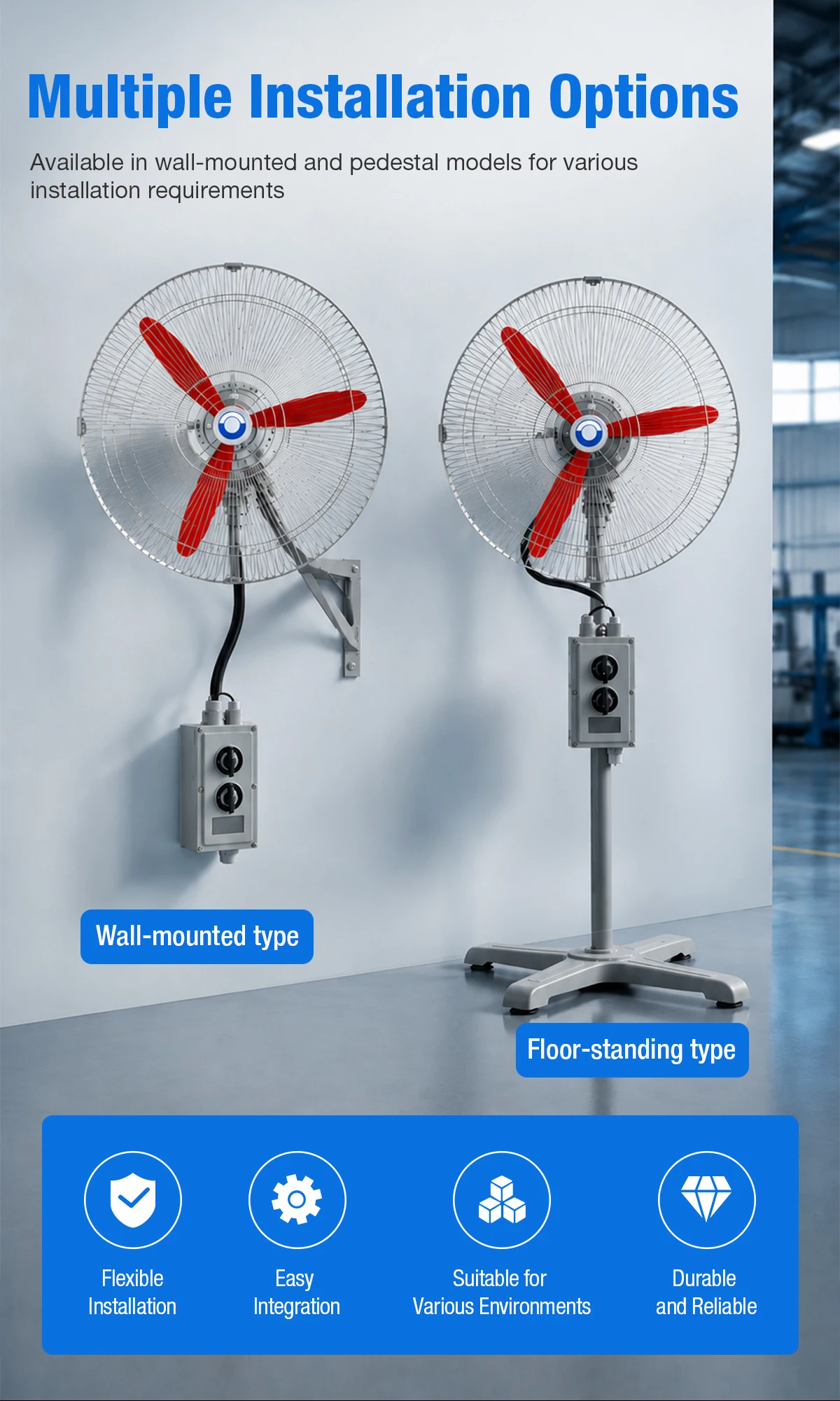 Side-by-side comparison of LWEX-WFS wall-mounted and LWEX-FS pedestal floor-standing explosion-proof oscillating fans