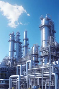 Petrochemical plant towers and process units at dusk