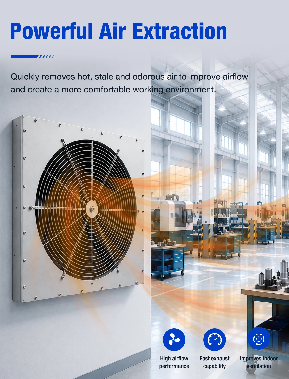 LWWAF square wall axial fan with concentrated airflow jet ventilating a manufacturing workshop