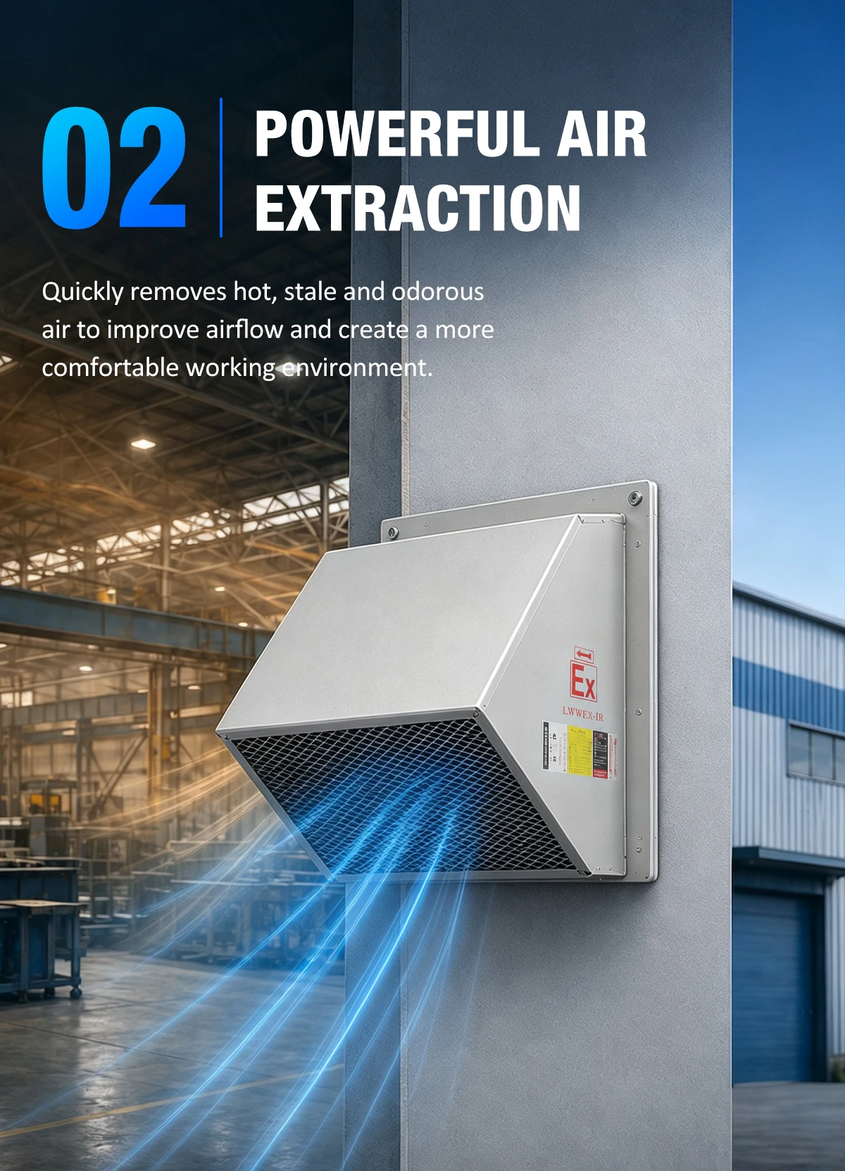 LWWEX-IR extracting hot air and fumes from a factory environment
