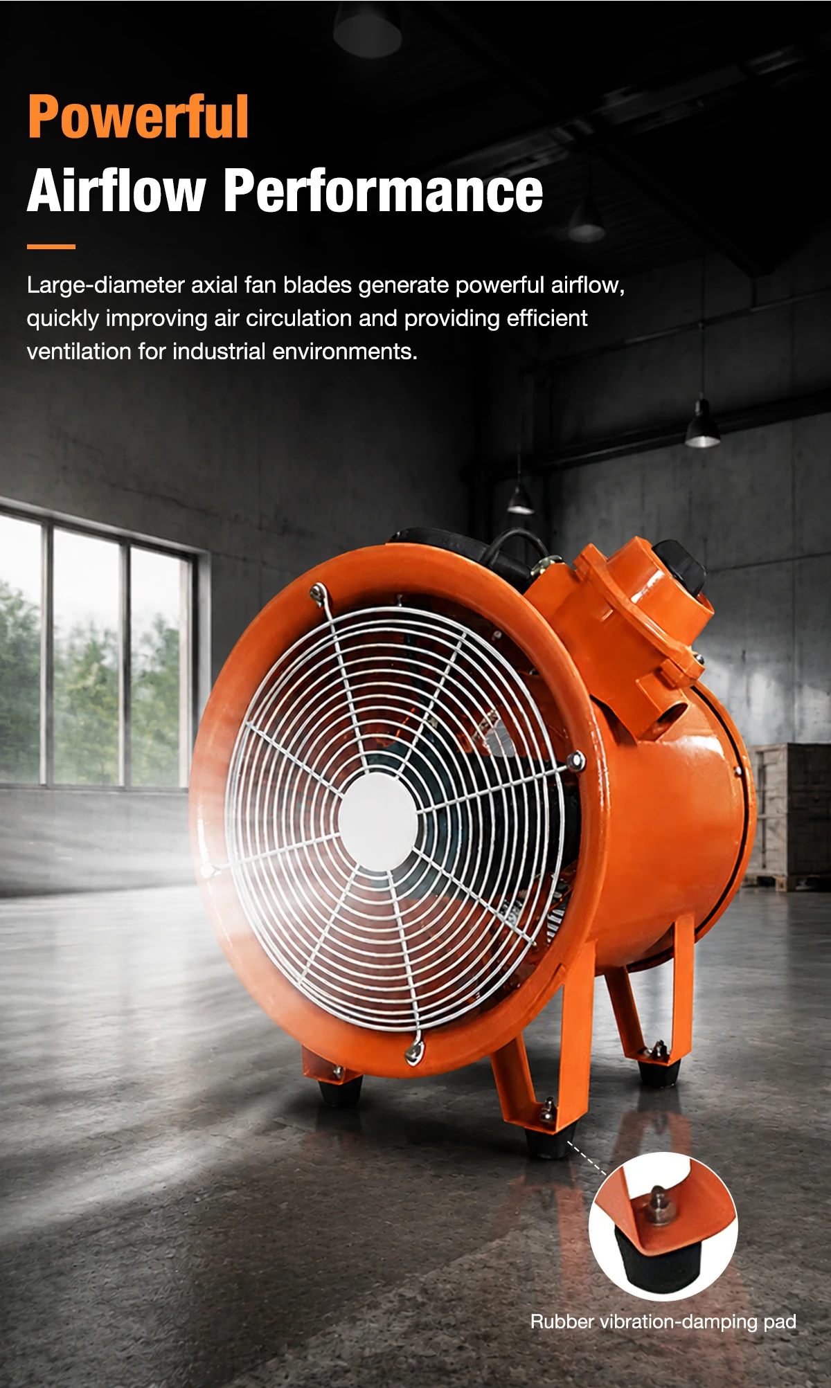 LWSFP-EX Portable Axial Fan generating powerful airflow with vibration-damping pads highlighted