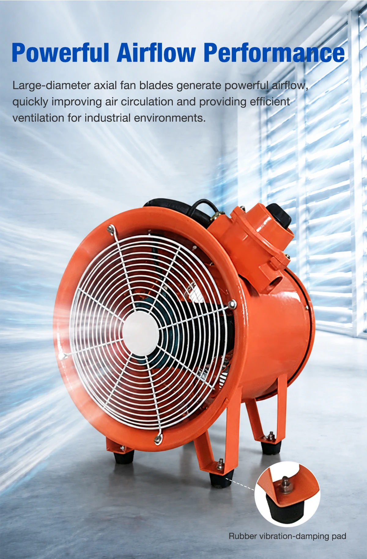 LWSFP orange portable axial fan with rubber vibration damping pad on each foot, showing airflow direction
