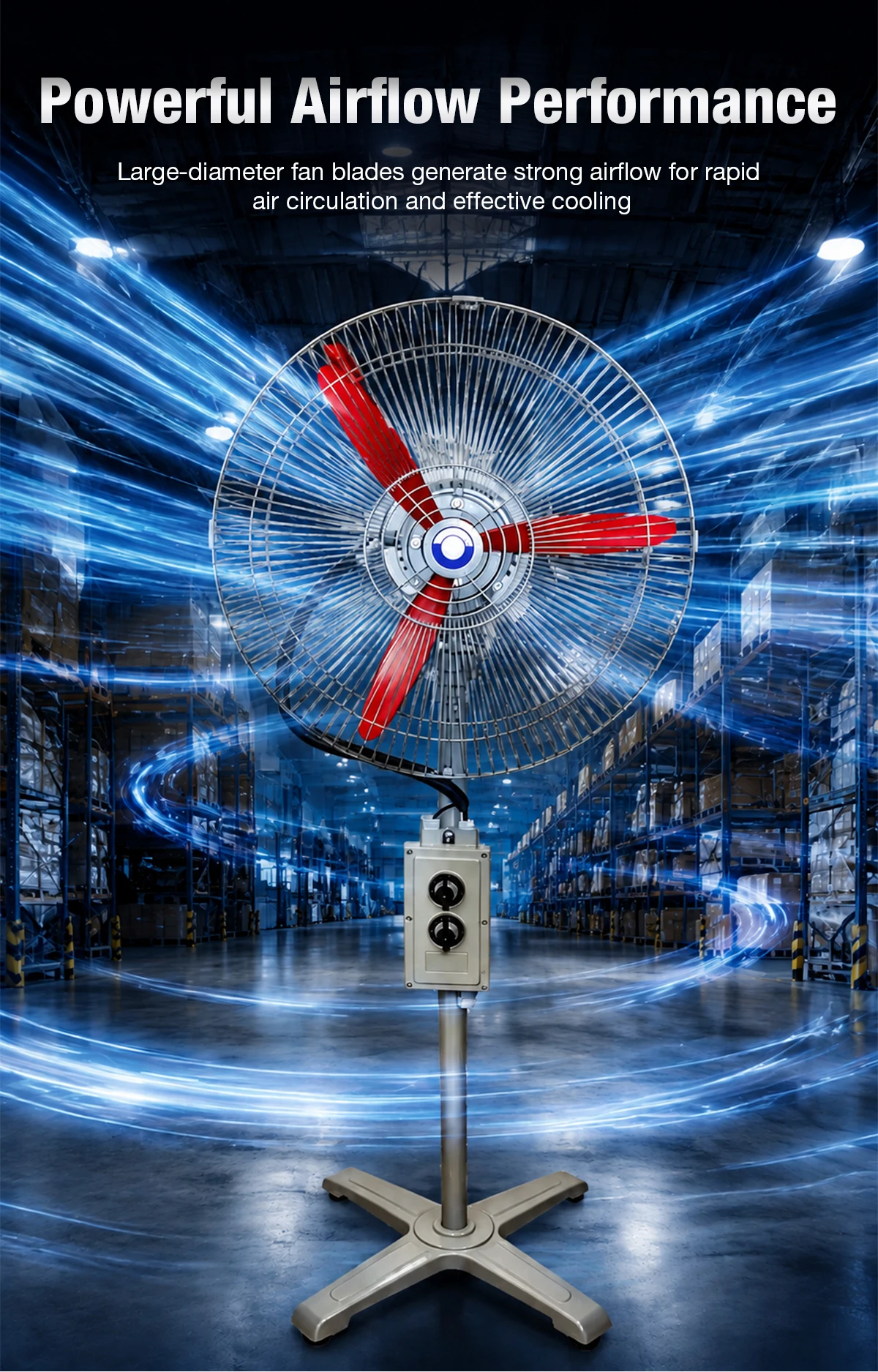 LWEX-FS pedestal explosion-proof oscillating fan delivering powerful, focused airflow in an industrial facility