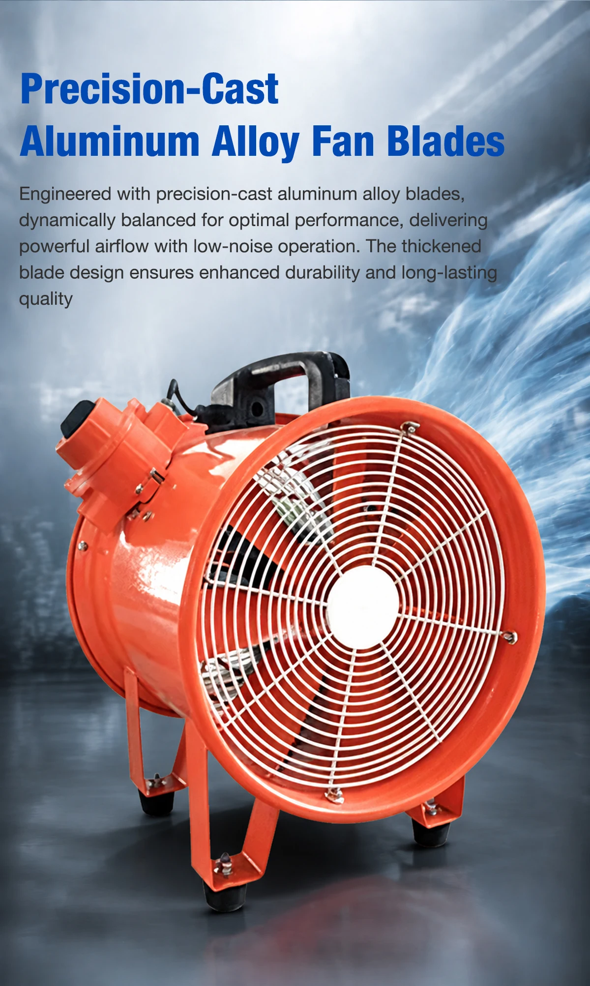 LWSFP seven precision-cast aluminum alloy blades close-up, with protective grille and orange housing