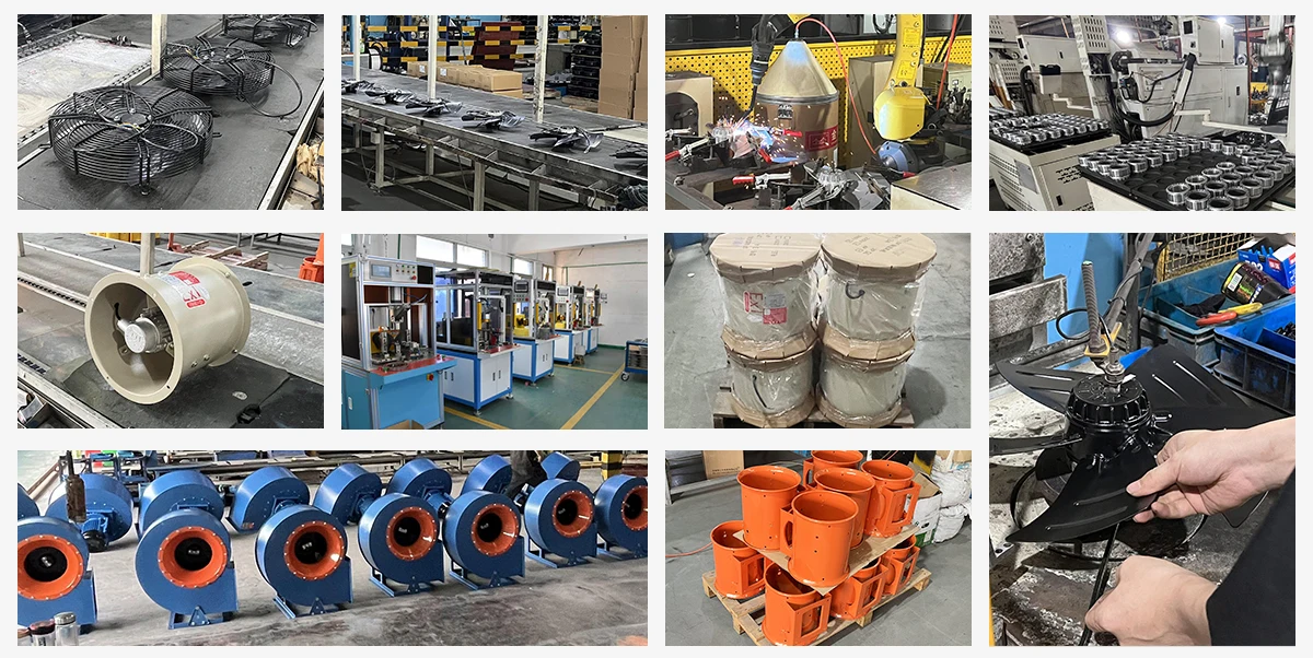 LONGWELL production line showing impeller casting, CNC machining, motor winding, and final fan assembly