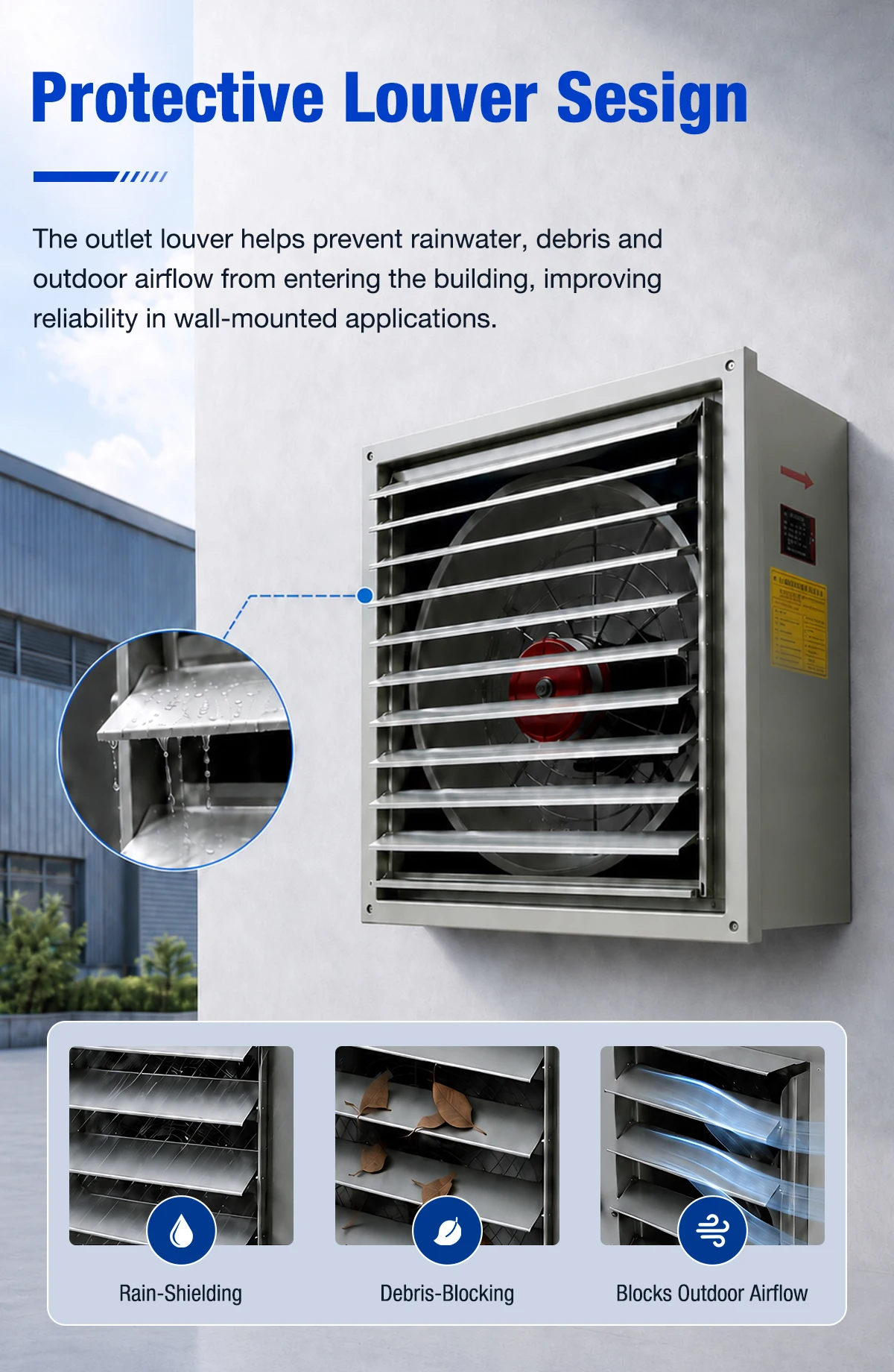 LWWAF outlet protective gravity louver with rain-shielding, debris-blocking, and outdoor-airflow blocking detail diagrams