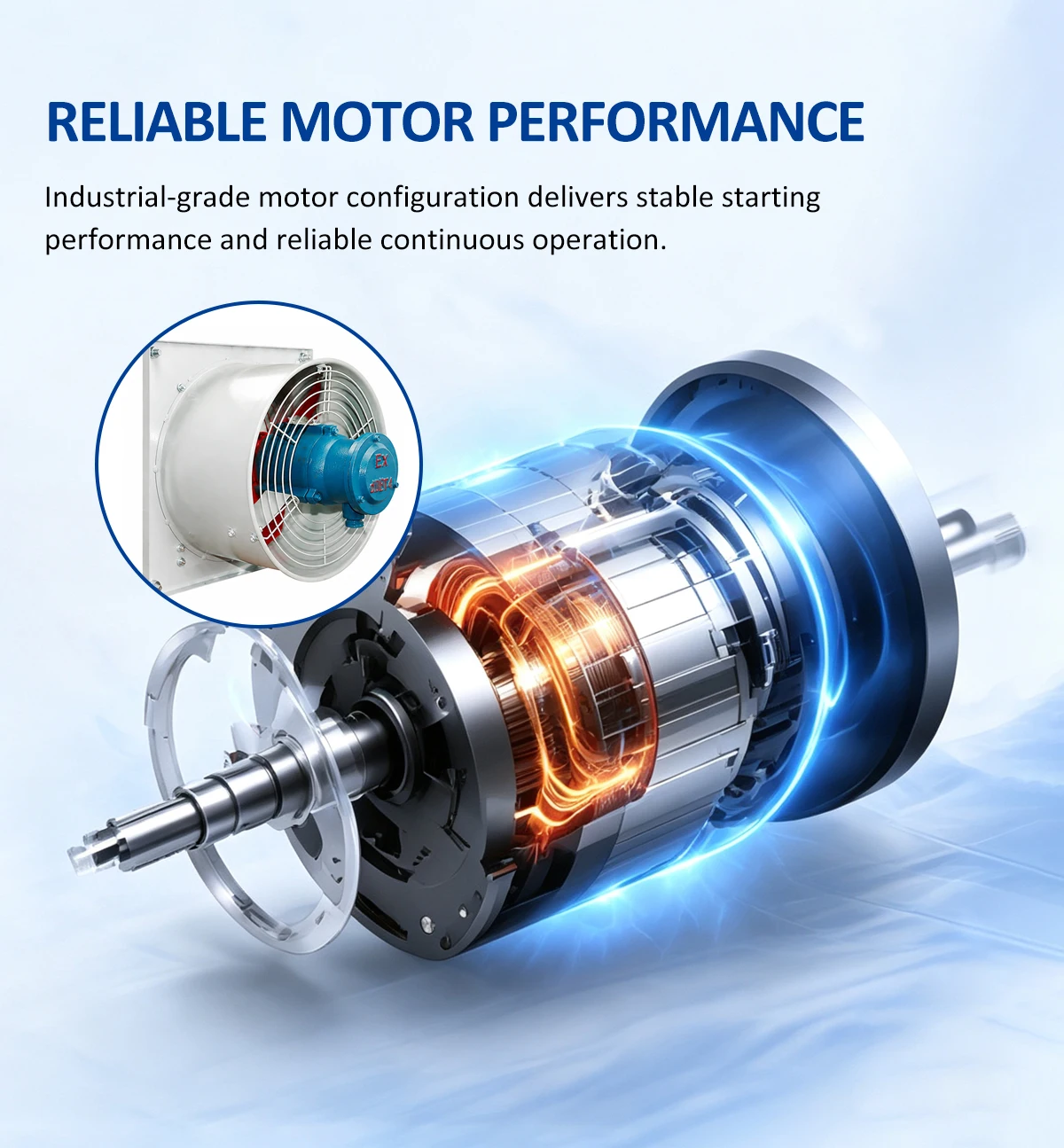 Industrial-grade electric motor of the EX-WF explosion-proof exhaust fan showing copper windings and rotor assembly