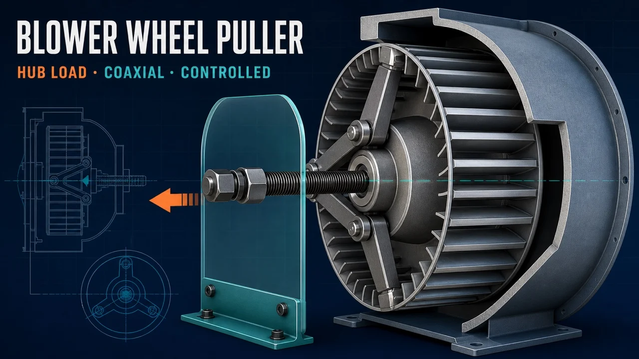 Wheel puller fitted to a stuck blower wheel on a motor shaft