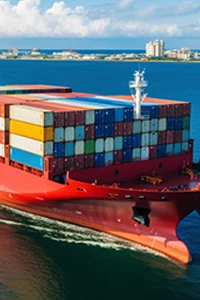 Container ship loaded with shipping containers in port