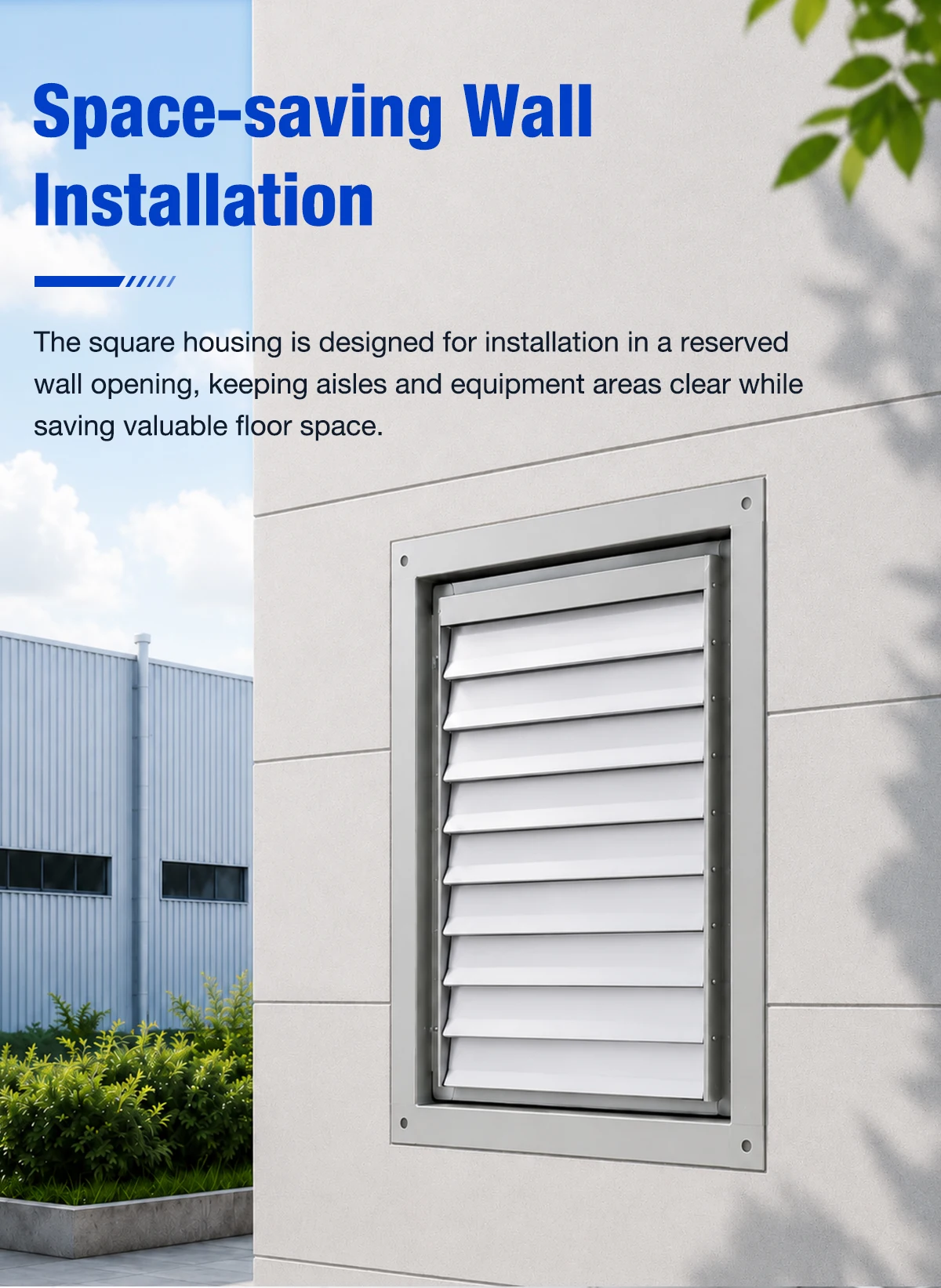 LWWAF square wall axial fan flush-mounted through an exterior industrial wall with closed louver, factory backdrop