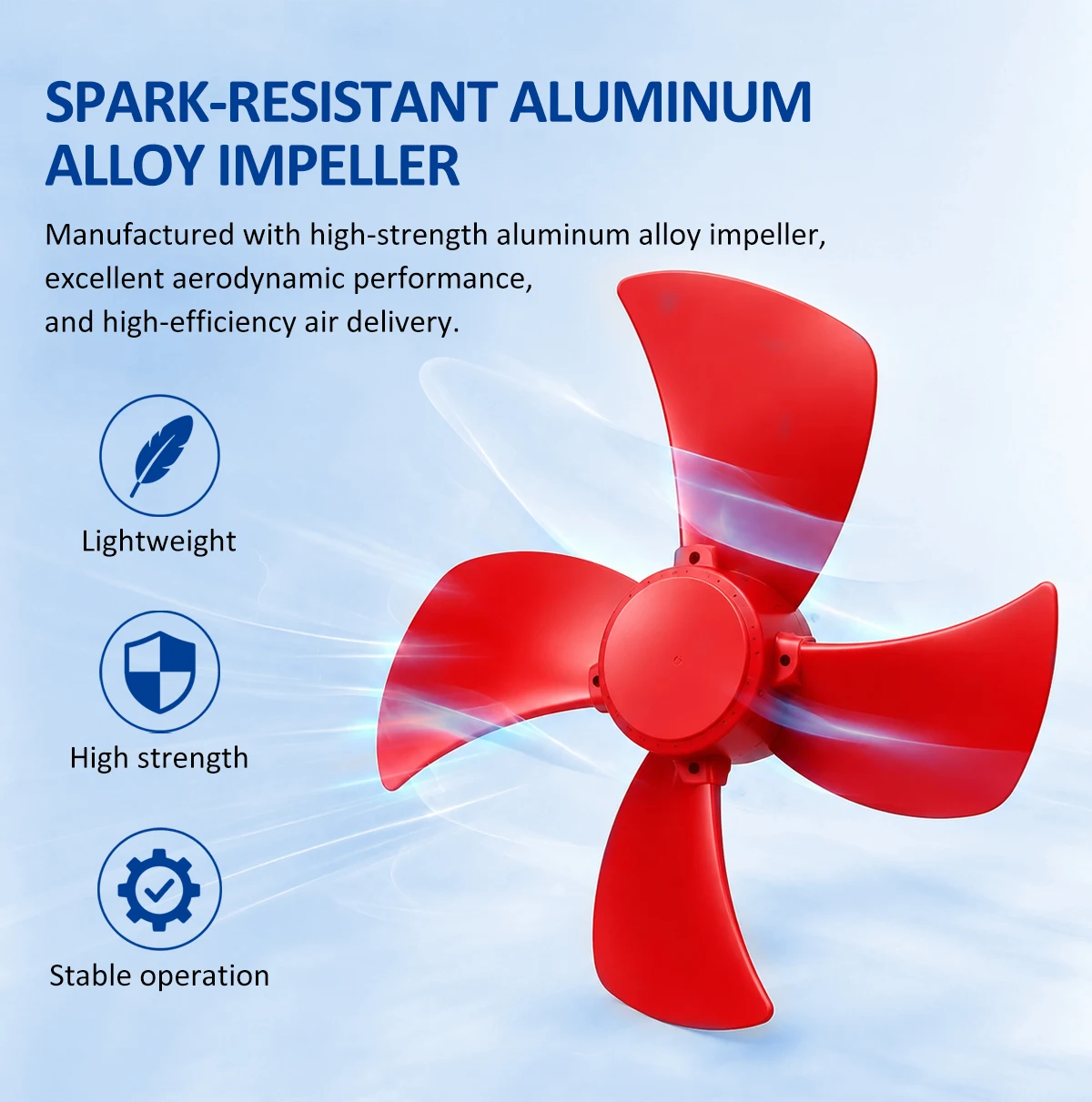Red aluminum alloy impeller of the EX-WF explosion-proof exhaust fan — lightweight and high-strength