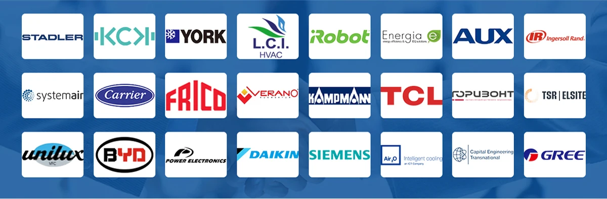 LONGWELL cooperative clients and OEM partner logos including Carrier, York, Daikin, Siemens, Gree, TCL, AUX, BYD, Hisense, Ingersoll Rand, Stadler, KCX, Systemair, Frico