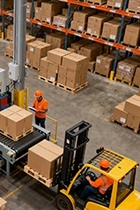Industrial warehouse with workers loading pallets