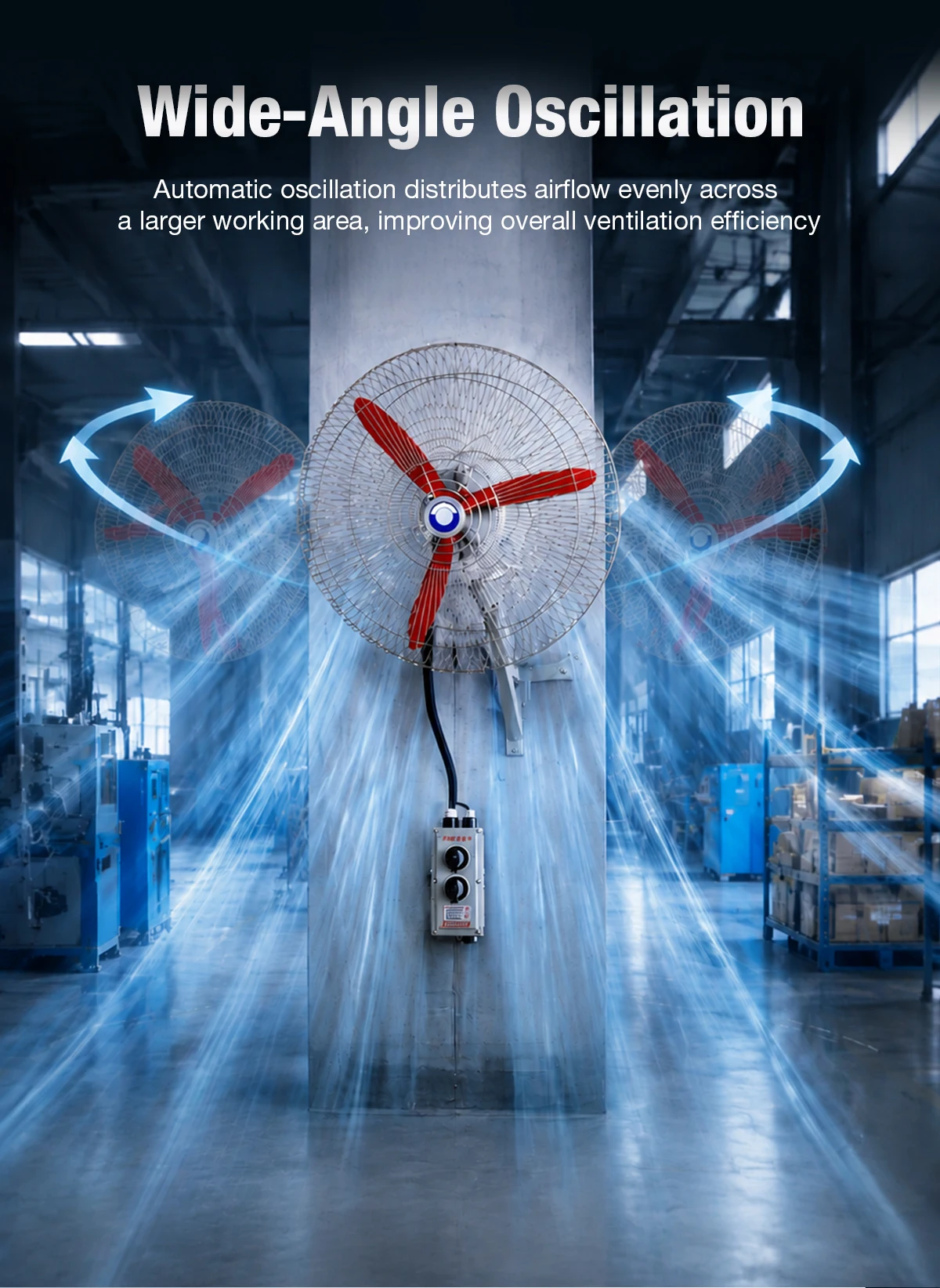 Wide-angle oscillation of the LWEX-WFS wall-mounted explosion-proof oscillating fan sweeping airflow across a chemical plant workstation