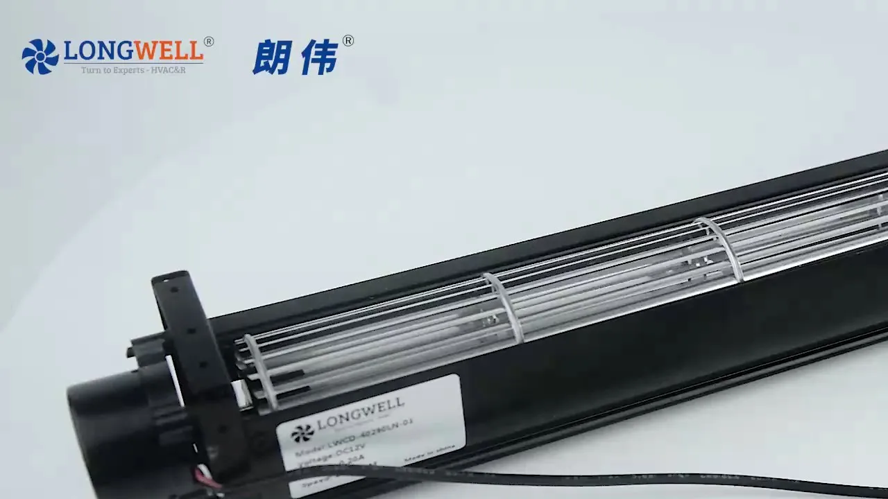 LONGWELL LWCD-40290LN-01 cross-flow fan showing its long impeller, housing and end-mounted motor