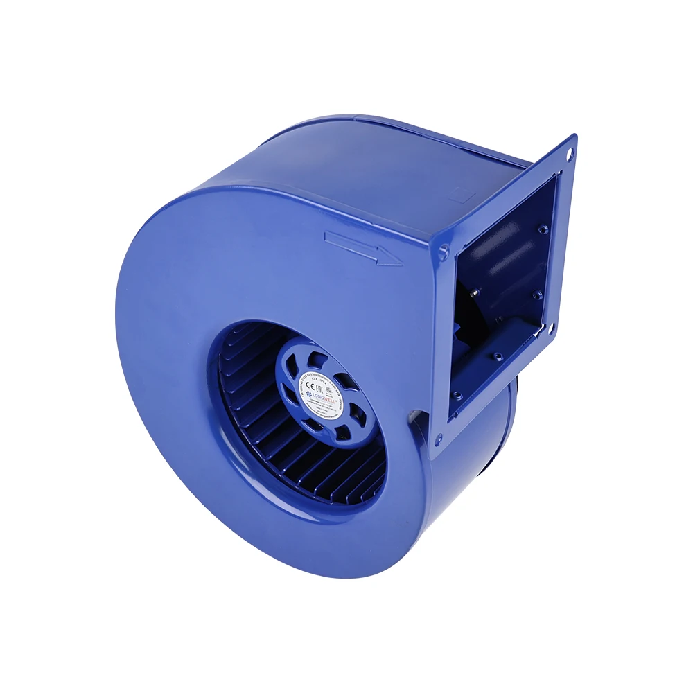 Longwell forward-curved housed centrifugal blower showing the scroll, inlet, dense wheel, and rectangular outlet