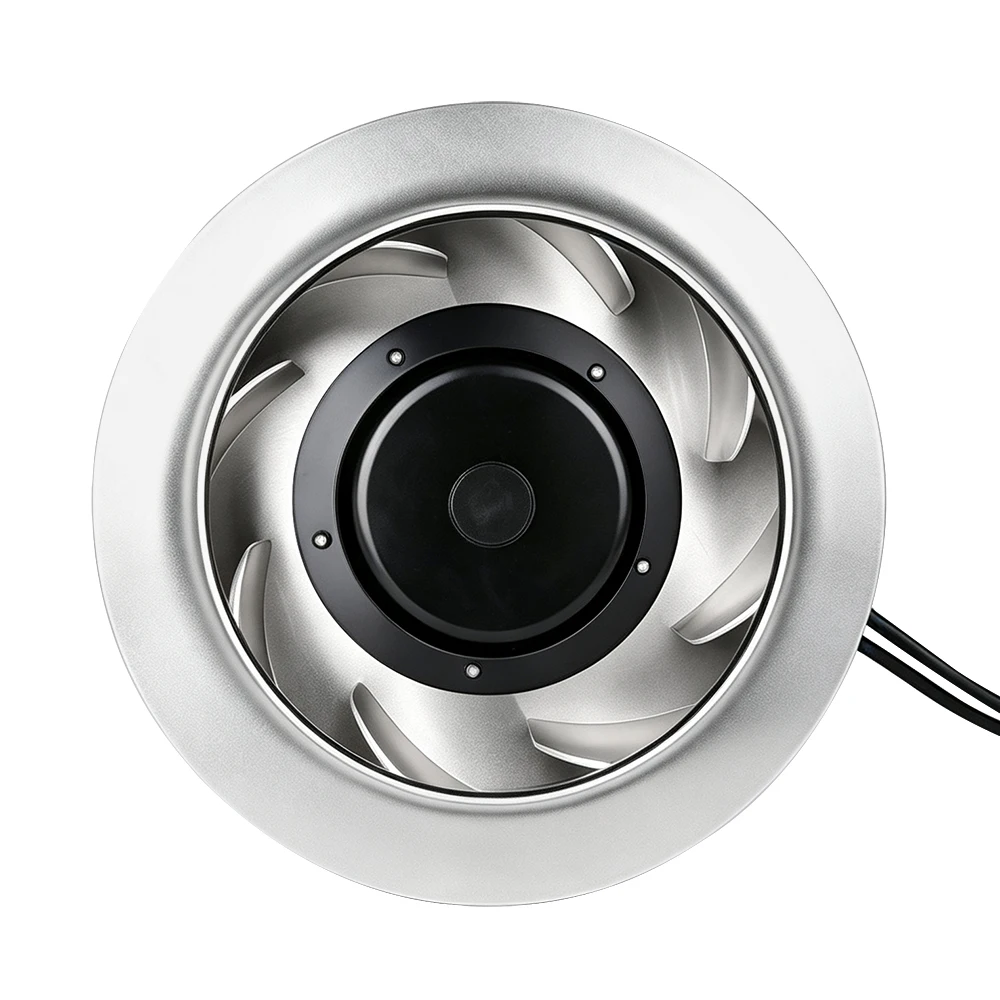 Longwell backward-curved open centrifugal wheel showing the inlet ring, wide blades, motor-side assembly, and cable