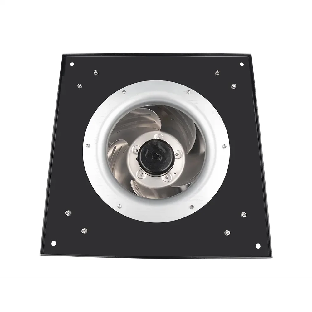 Longwell LWBE3G400 EC backward-curved centrifugal fan showing visible impeller, inlet ring, hub and mounting plate