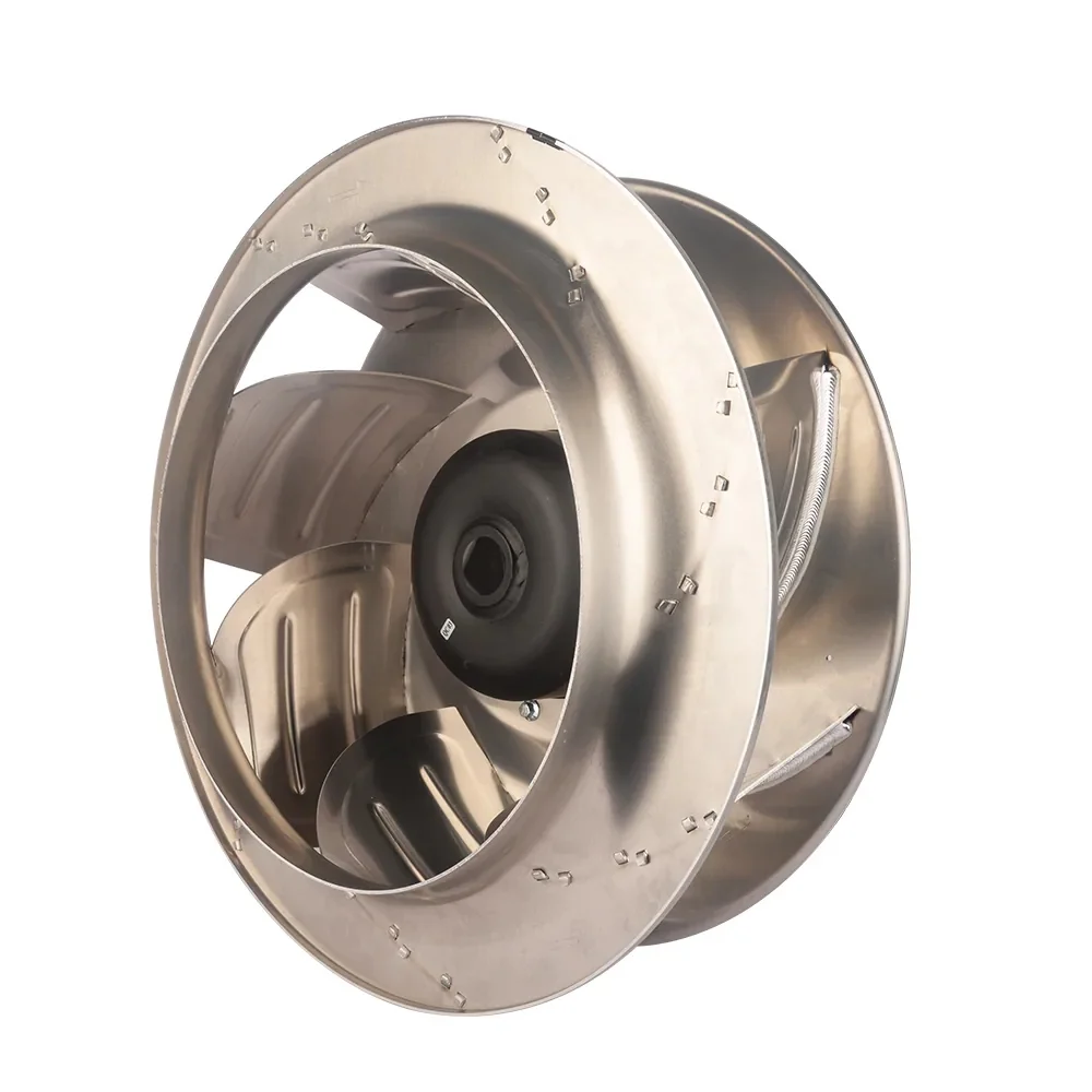 Longwell LWBE3G250-102NS-10 backward-curved centrifugal fan showing the visible inlet ring, impeller and motor-side structure