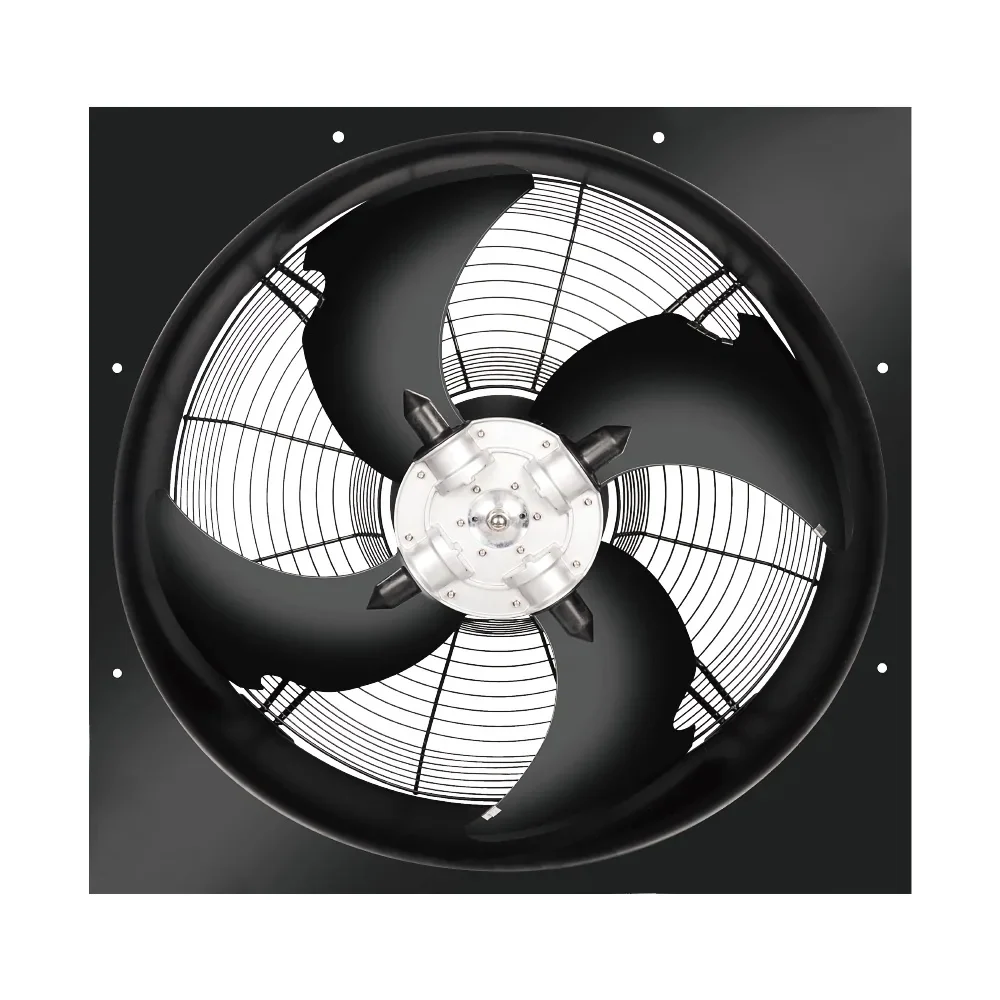 Longwell LWAE3G800TS-4PKW-04 axial fan showing the visible blade, guard, motor hub, bellmouth and mounting panel