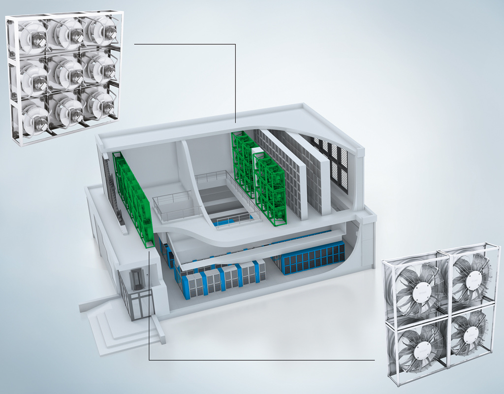 Explanatory Longwell FanGrid application render showing repeated fan cells in a building air-handling arrangement