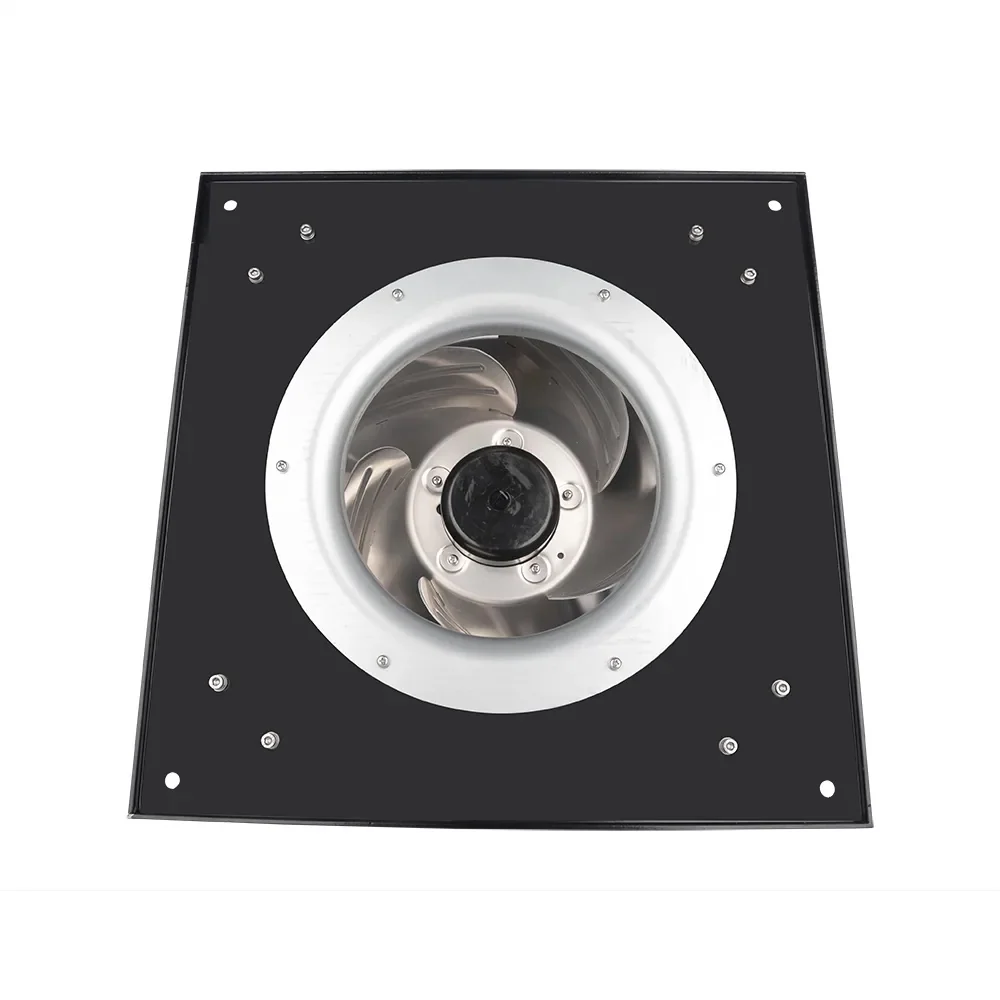Representative Longwell backward-curved direct-drive plug fan showing the visible inlet, wheel and square mounting plate