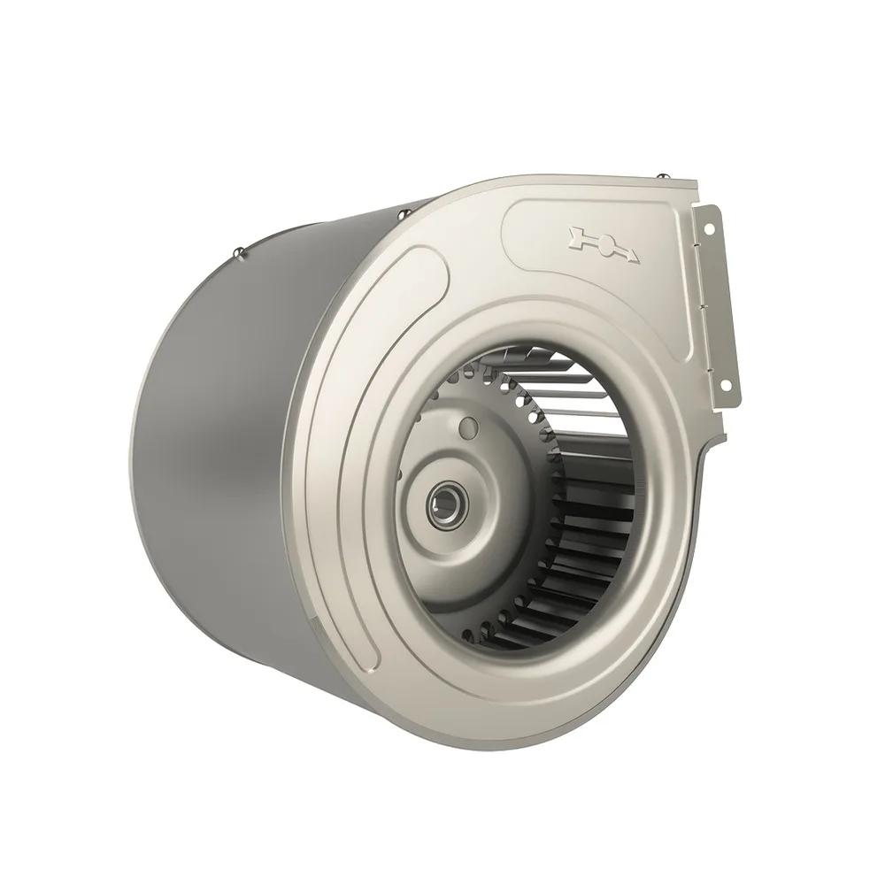 Forward-curved centrifugal blower viewed through its inlet, showing many narrow blade passages