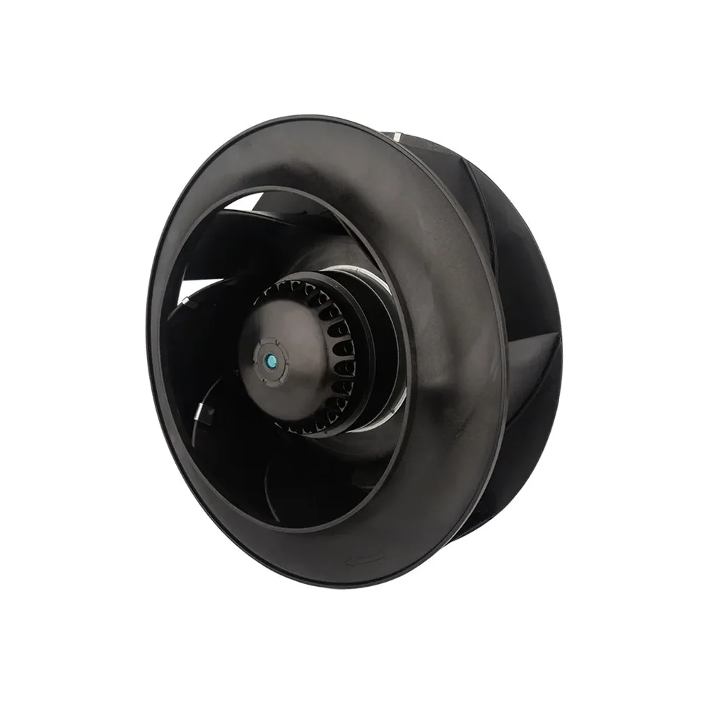 Backward-curved centrifugal wheel with broad swept blade passages; exact model suffix not established by this photo