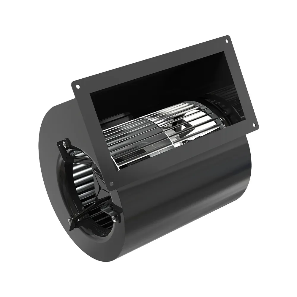 LONGWELL double-inlet forward-curved blower showing two inlet sides, a wide wheel and rectangular discharge