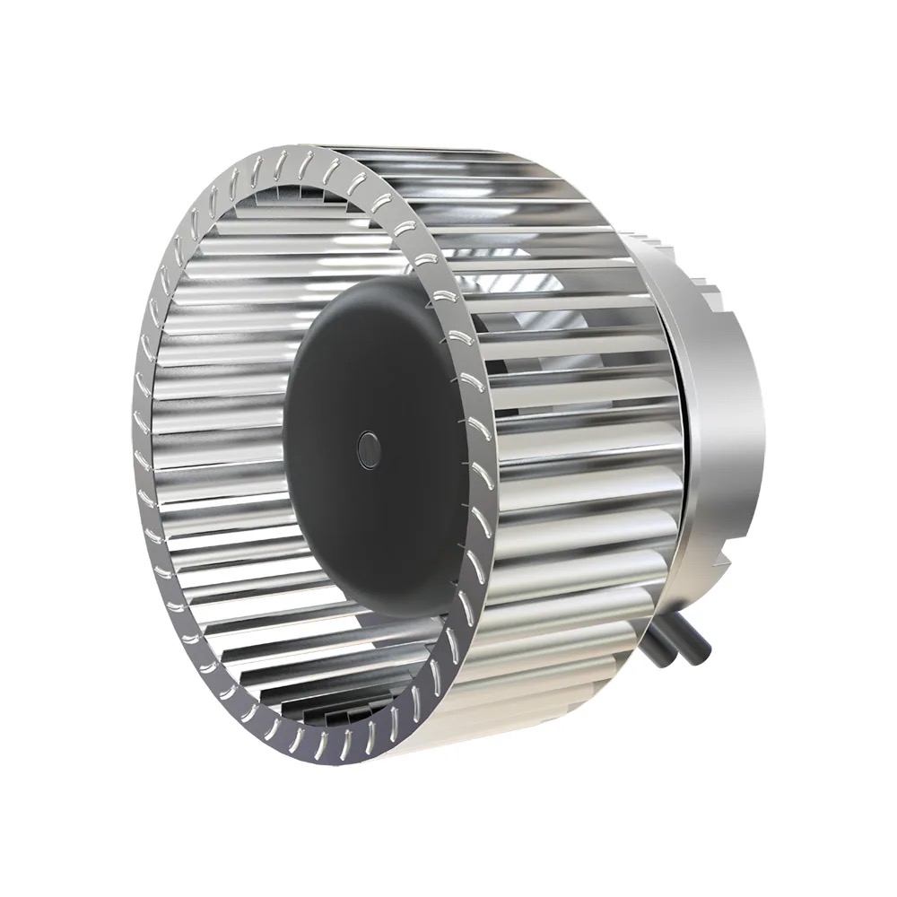 LONGWELL forward-curved multi-wing impeller showing the cylindrical wheel, narrow blades and side rings