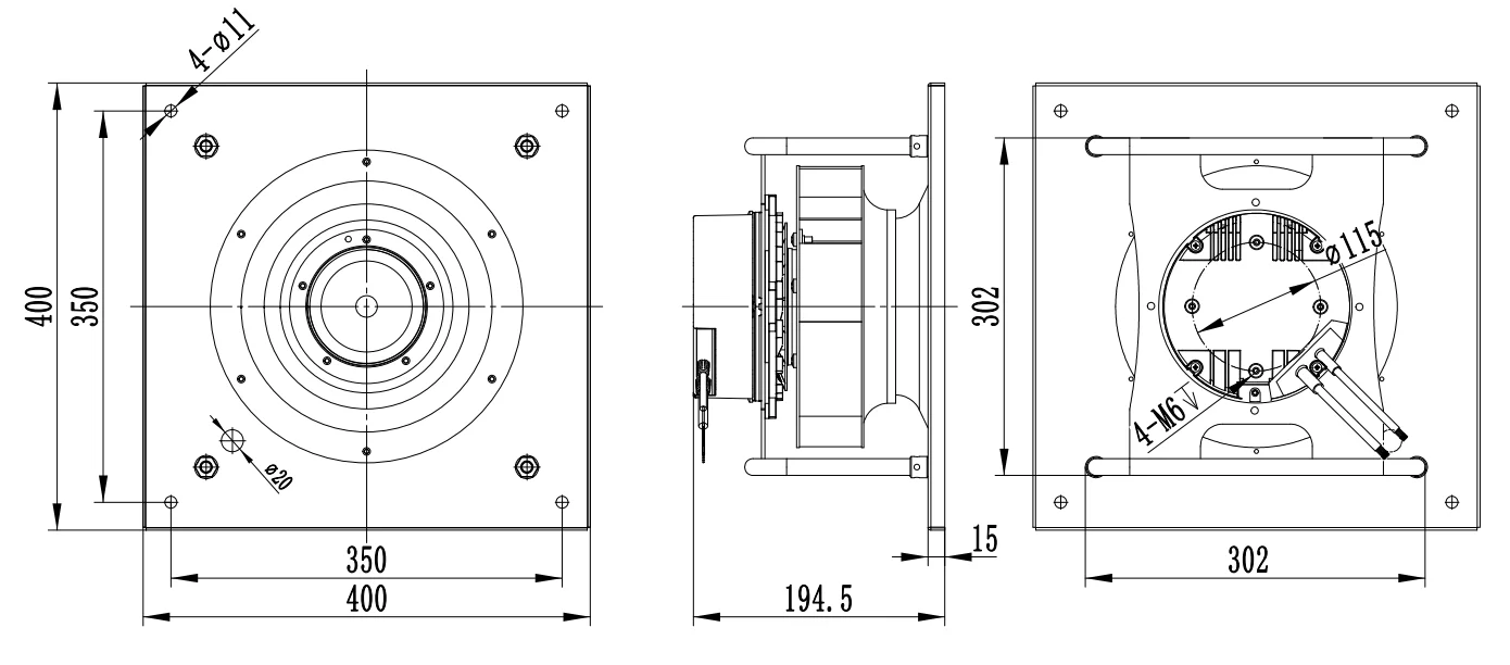 Exact-model dimensional drawing for LONGWELL LWBE3G250-102PS-22 showing front, side and rear interfaces