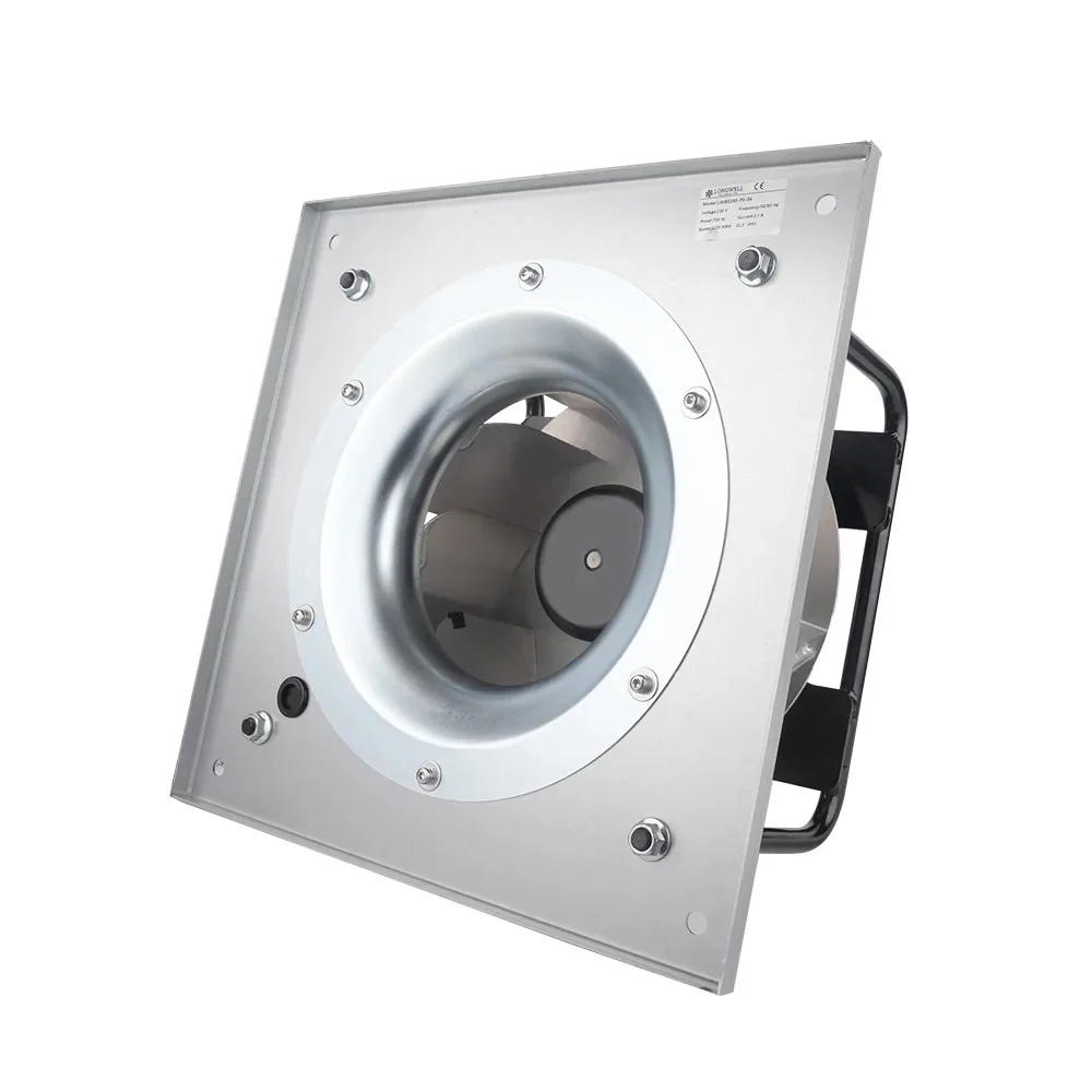 LONGWELL LWBE3G250-102PS-22 EC backward-curved centrifugal fan with visible mounting plate and inlet