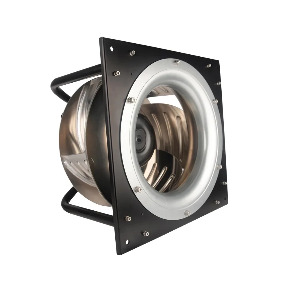 LONGWELL LWBE3G355-138PT-05 EC backward-curved fan viewed from its inlet and mounting plate