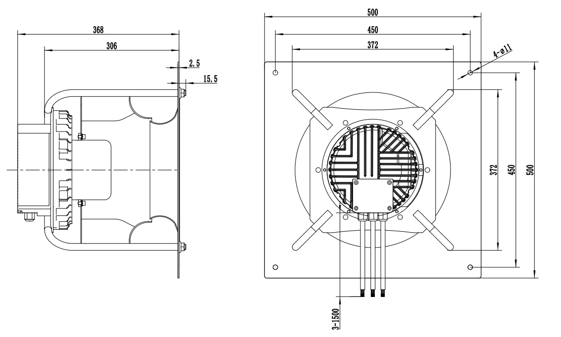 Interface drawing for LONGWELL LWBE3G355-138PT-05 with front and side dimensions