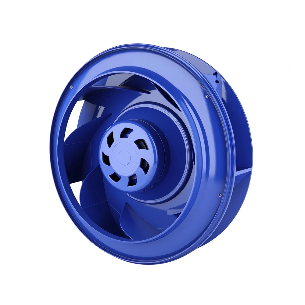 Blue LONGWELL EC backward-curved centrifugal fan showing the visible impeller geometry