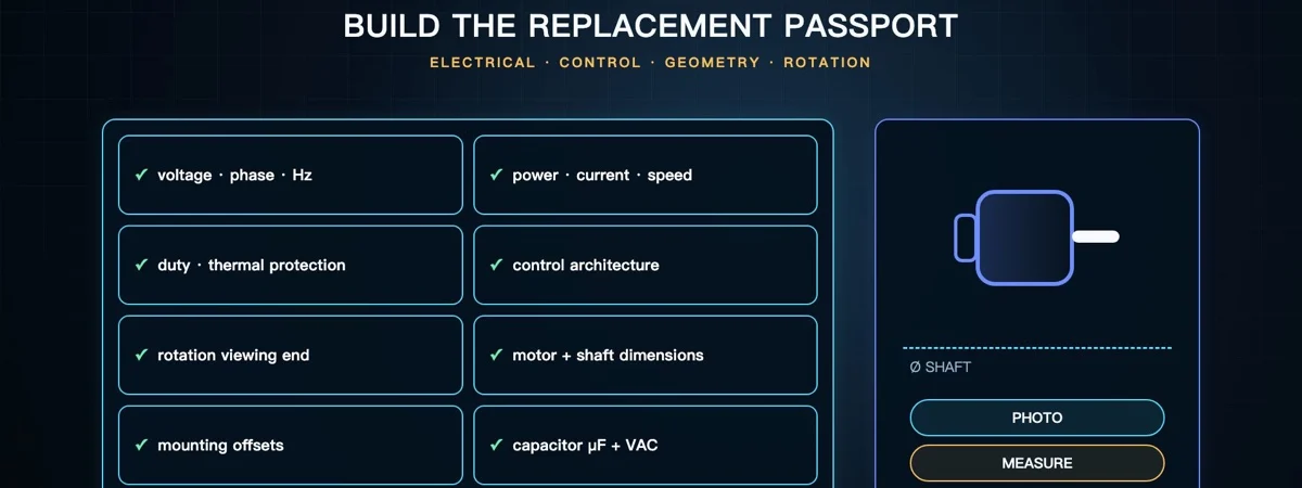 Engineering checklist for an AC blower motor replacement passport covering electrical, control, rotation, mounting, shaft and capacitor fields