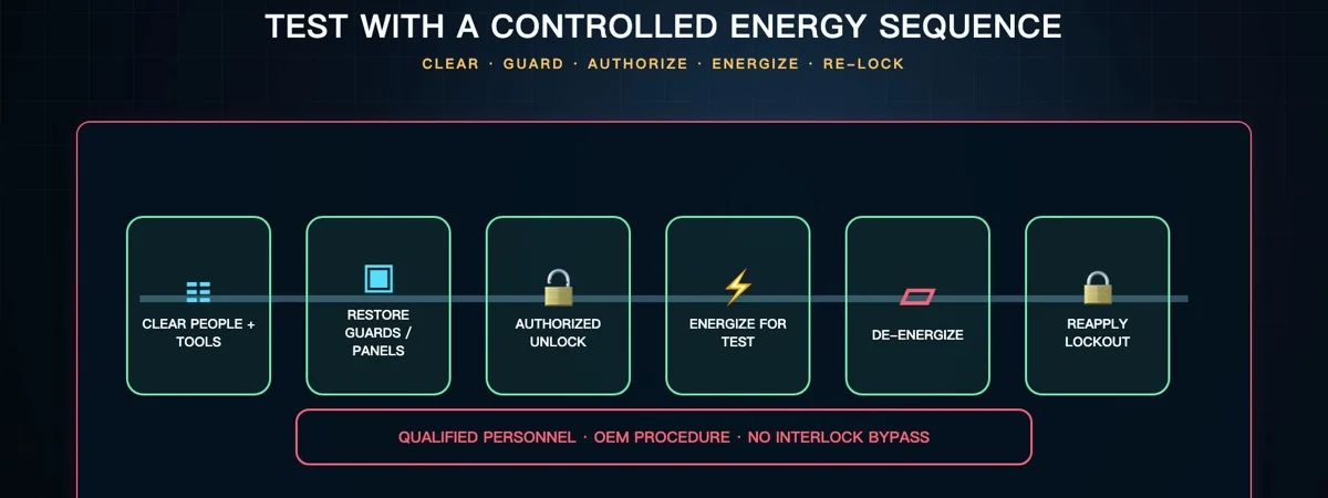 Controlled blower test-energy sequence from clearing people and tools through reapplying lockout