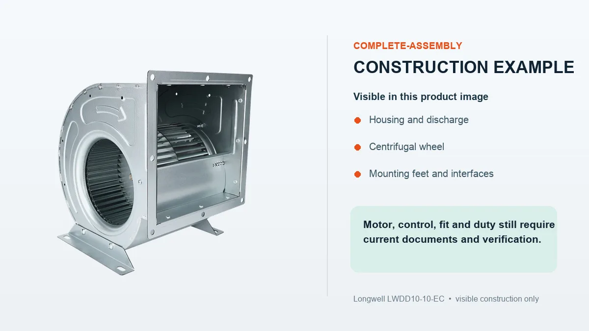 Longwell housed direct-driven centrifugal blower shown as a complete-assembly construction example