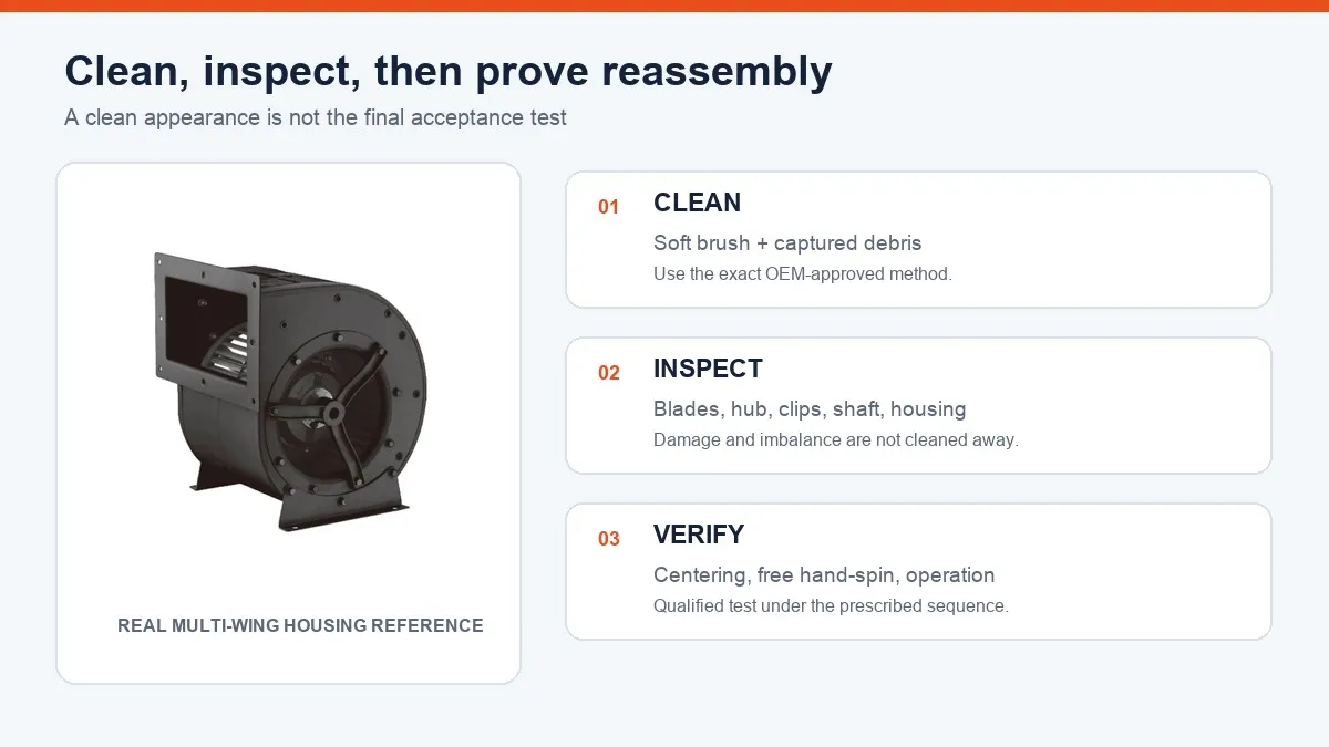 Real Longwell housed multi-wing blower beside a clean inspect verify maintenance decision sequence