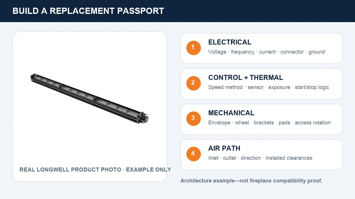 Real Longwell cross-flow blower beside an editorial replacement passport covering electrical, control, thermal, mechanical and air-path fields