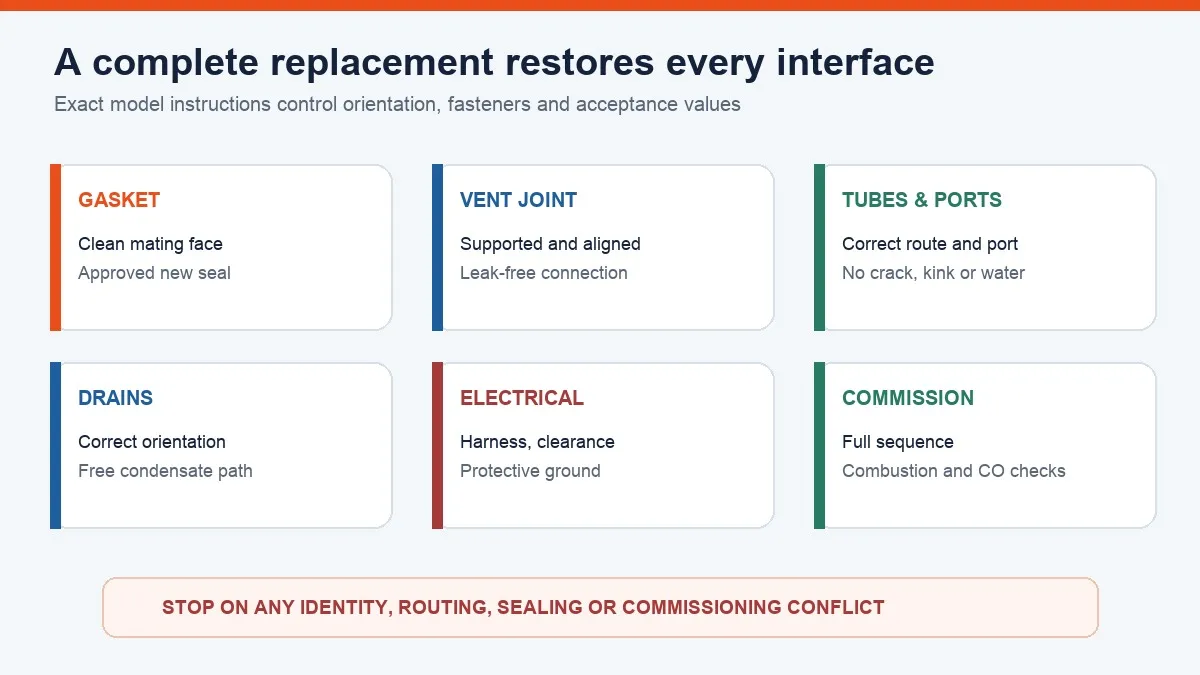 Checklist for restoring gasket, vent, pressure tubing, drains, electrical connections and commissioning