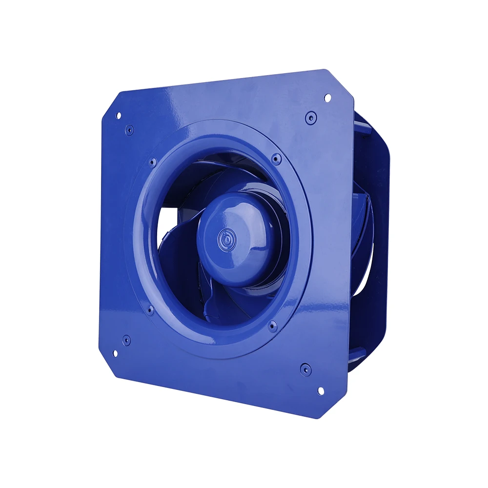 Inlet-side view of directory-identified Longwell LWBE3G190-072PS-02 EC backward-curved fan on white