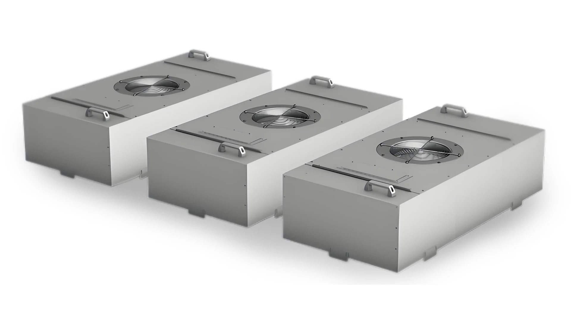 Three rectangular fan filter unit housings with top fan inlets