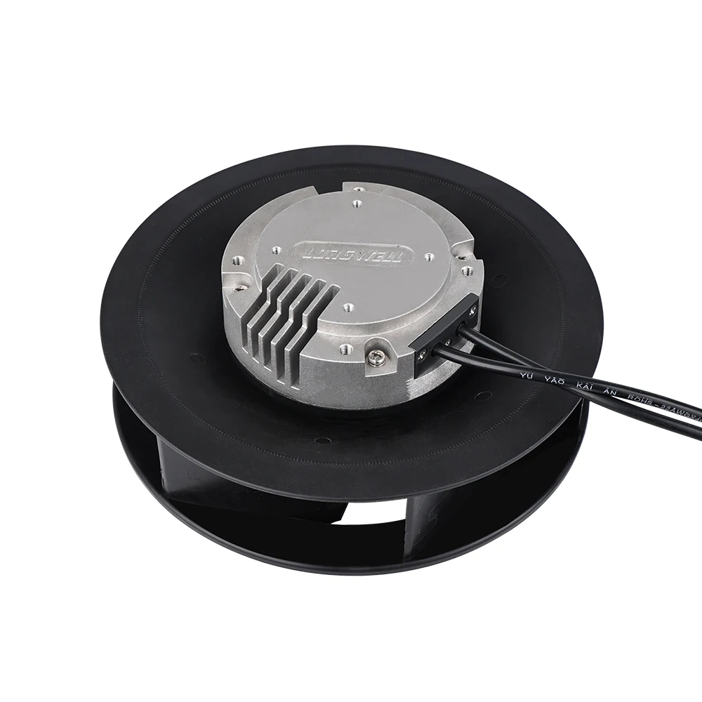 Longwell backward-curved EC centrifugal fan on white for visible hardware context
