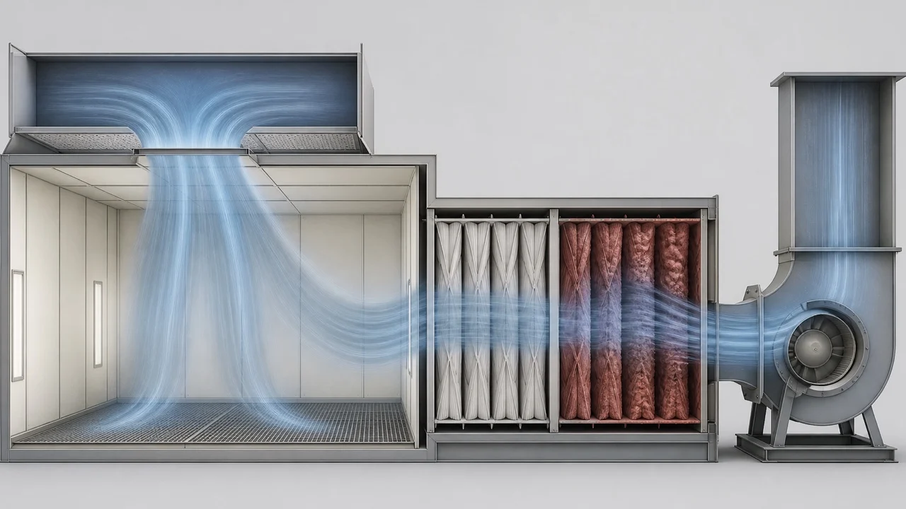 Conceptual paint booth cutaway showing airflow from ceiling supply, through collector media and toward an exhaust fan